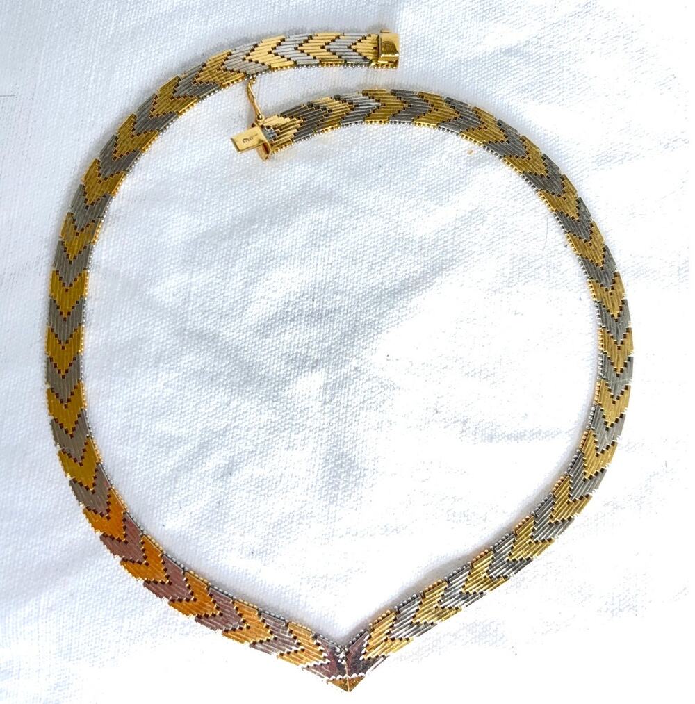 Vintage Italy Tricolor Chevron V Choker Necklace Gold Silver Plated Base Metal